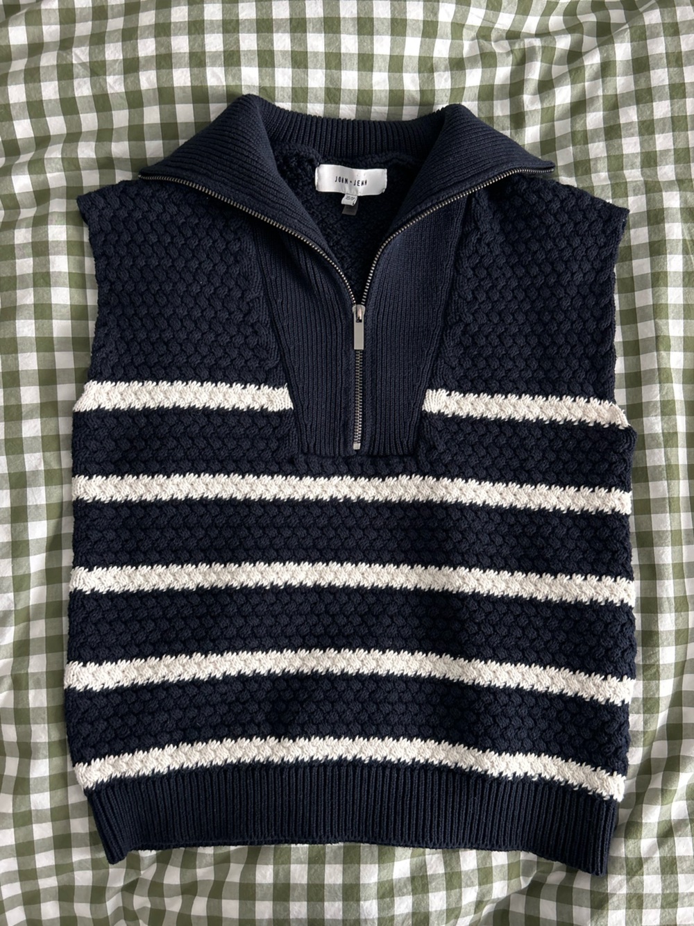 John + Jenn Navy and White Striped Half-Zip Sweater Vest